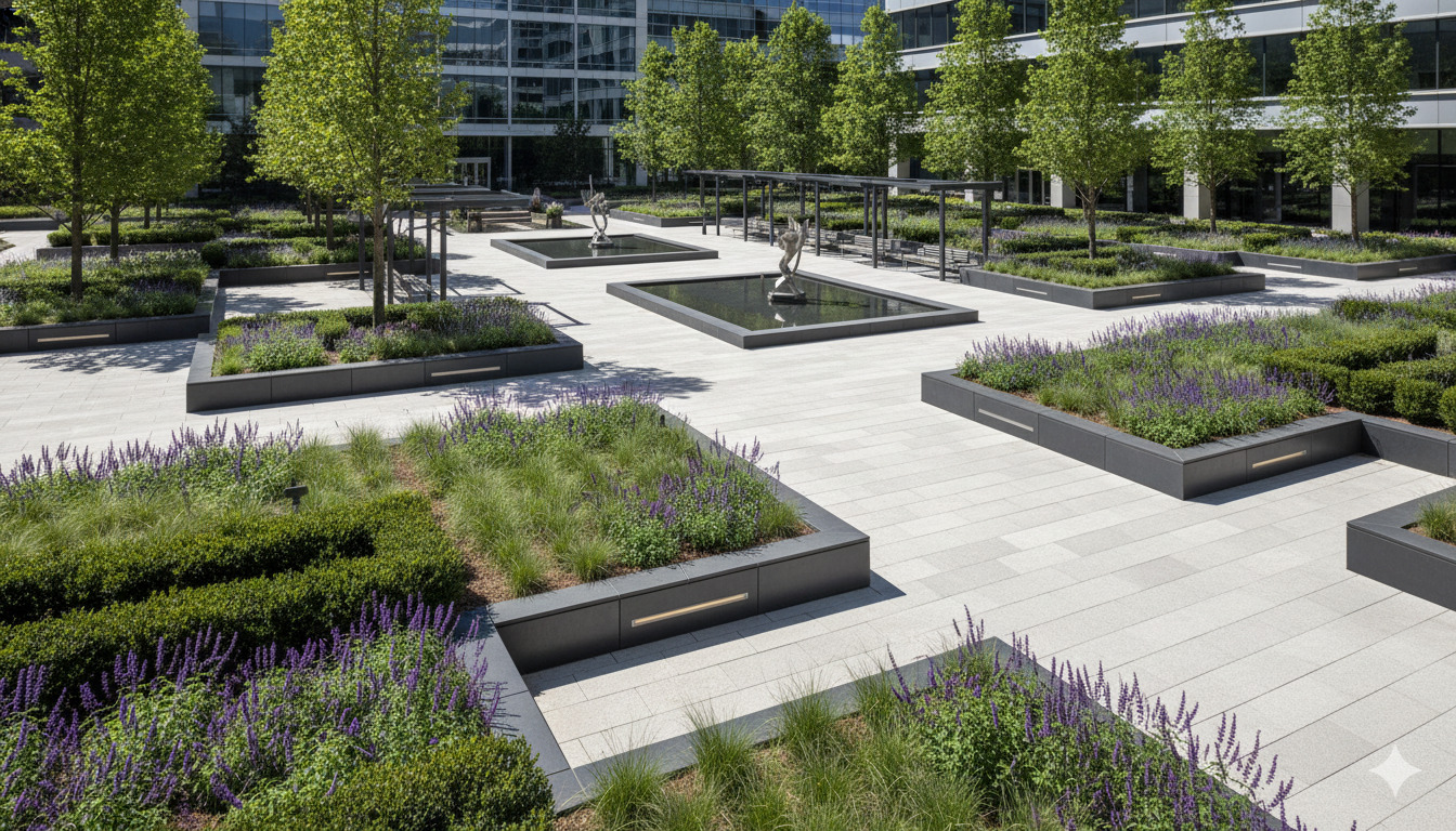 Corporate campus landscape with structured plantings and hardscape