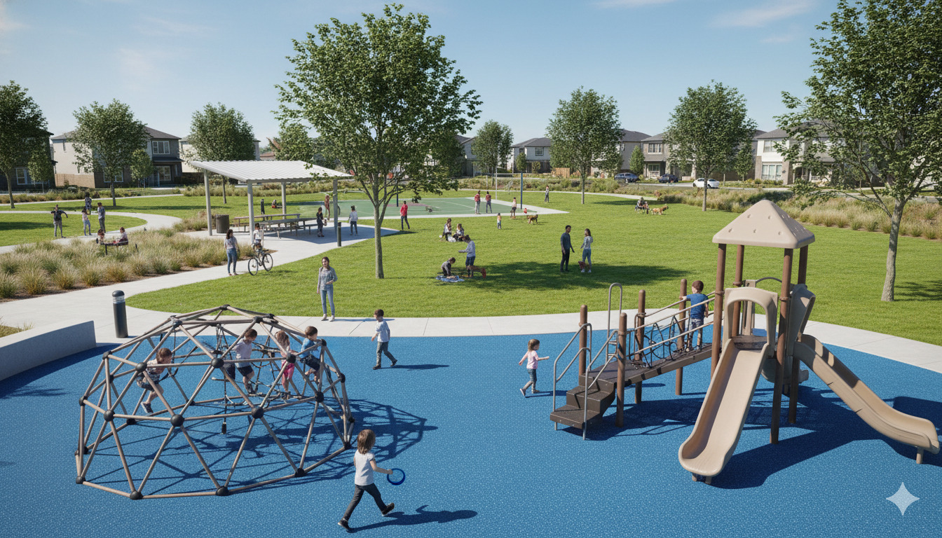 Community park with play areas and green spaces